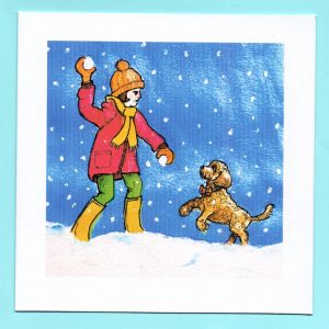 Christmas Card design, Bertie with Ruby and snowballs