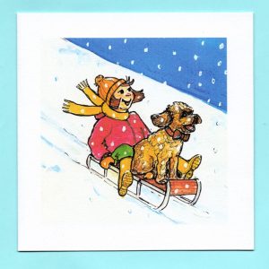 Christmas Card design, Bertie with Ruby and sledge