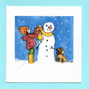 Christmas Card design, Bertie with Ruby and Snowman